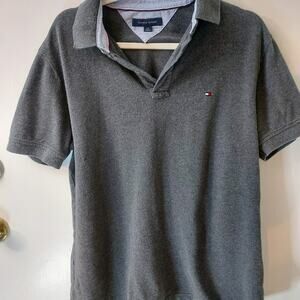 Tommy Hilfiger Gray Short Sleeve Polo Shirt L Casual Preppy Ivy Classic Office